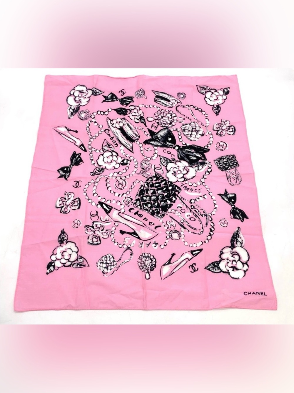 CHANEL 93P Pink Cotton Scarf Camellia Pearls Bows Classic Flap Bag Sketch Motifs - Picture 5 of 6